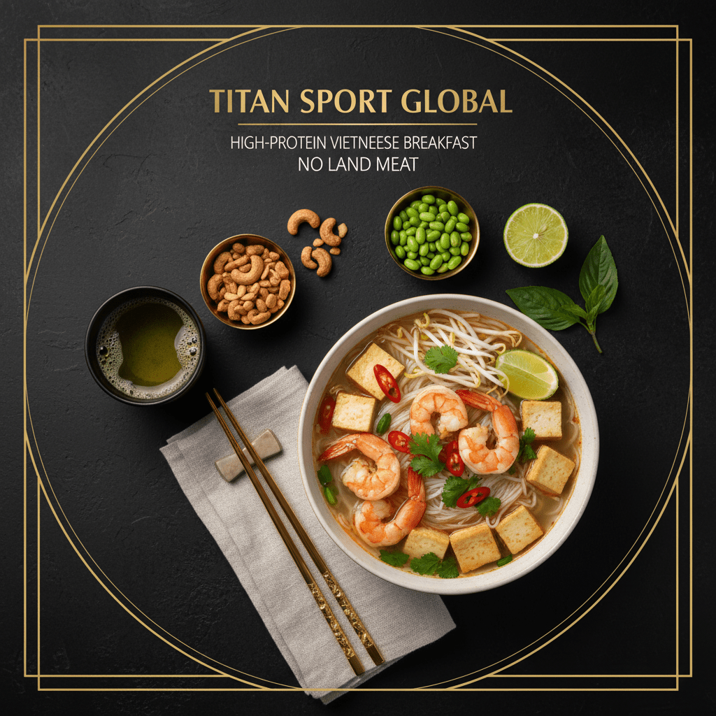 TITAN Vietnamese Shrimp Pho Power Breakfast meal kit flat lay dark luxury