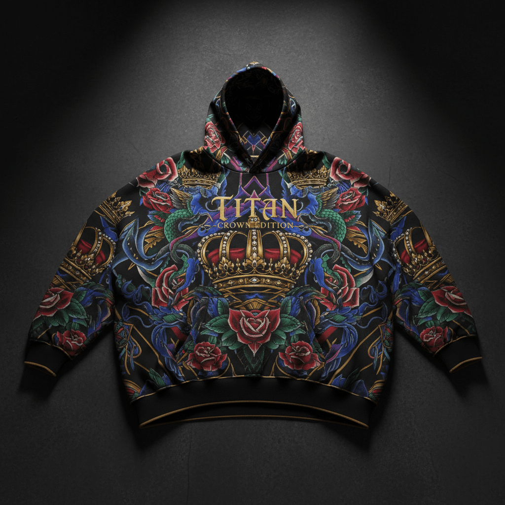 TITAN Women's Oversized Hoodie - Crown Edition tattoo-style artwork