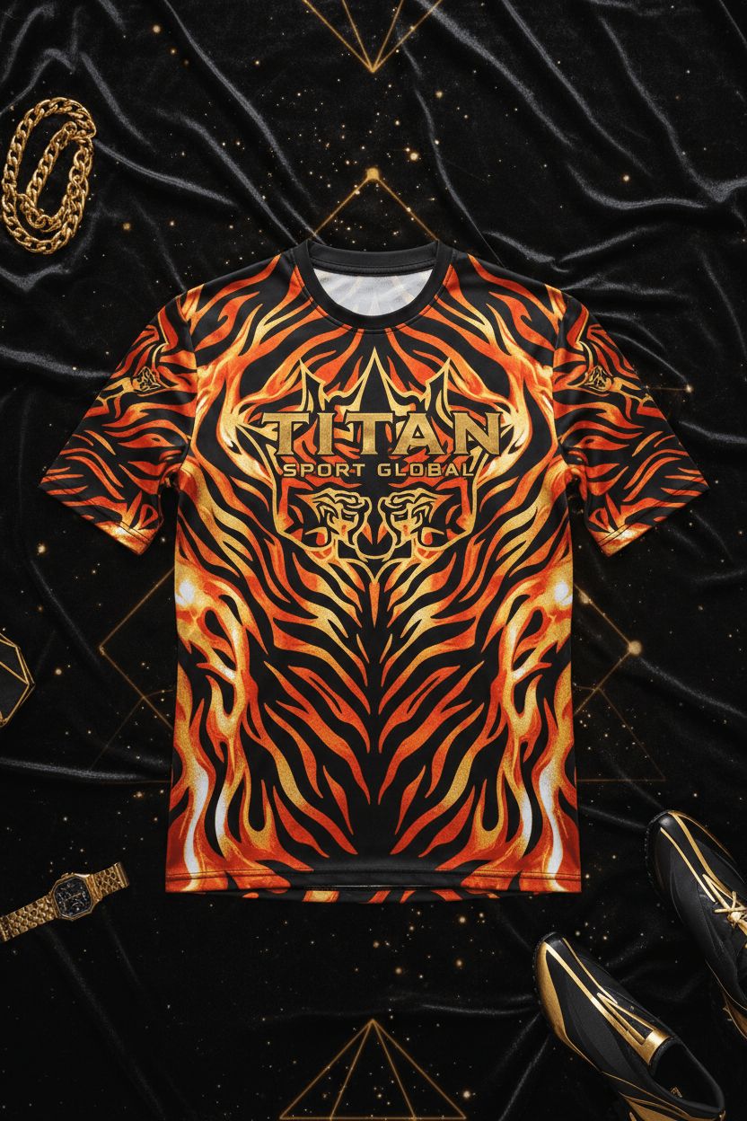 TITAN Men's Tiger Flame Crown Performance Shirt flat lay King SWAG Edition