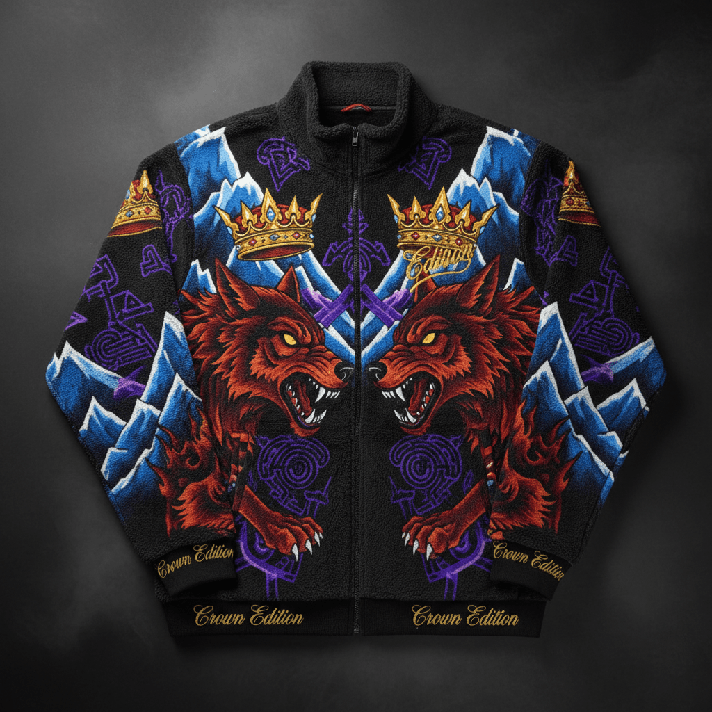 TITAN Crown Edition Tattoo Art Men's Lounge Sherpa Jacket - bold colorful tattoo artwork on matte black sherpa fabric