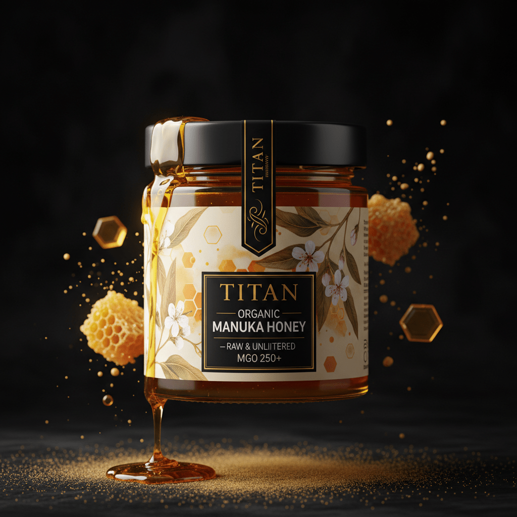 TITAN Organic Manuka Honey Raw & Unfiltered — ultra-premium luxury editorial product shot