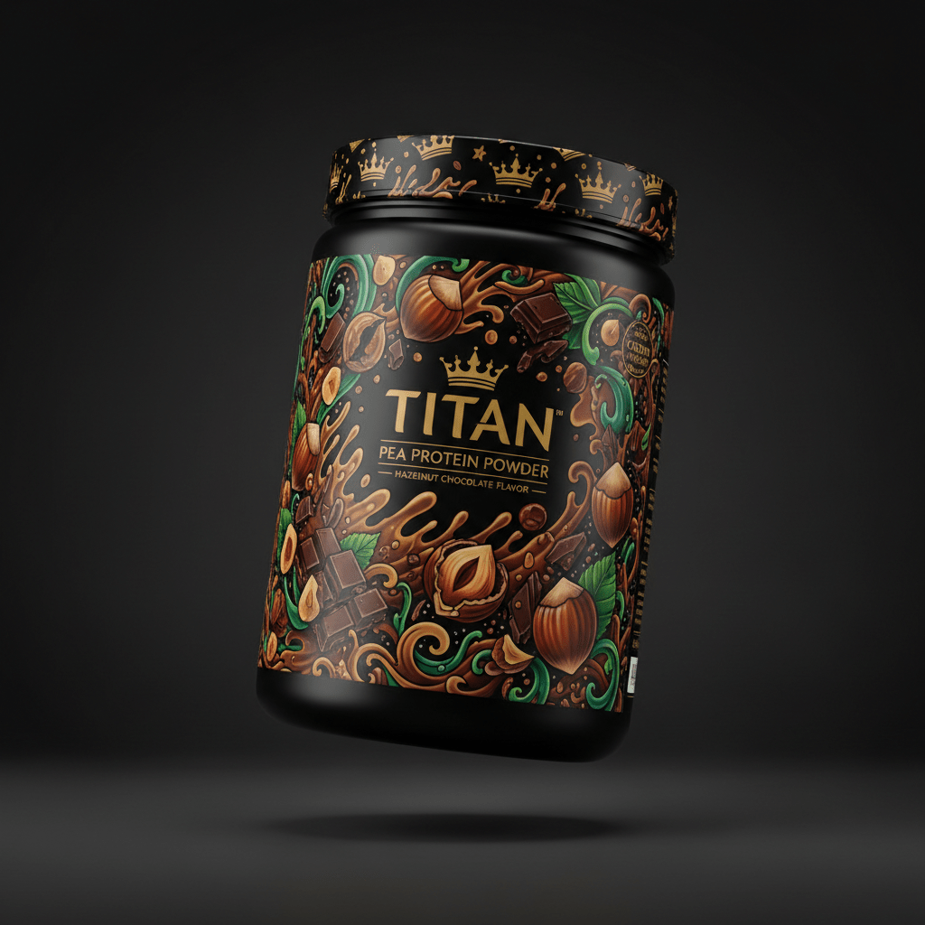 TITAN Pea Protein Powder — Hazelnut Chocolate, Crown Edition tattoo-style artwork