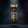 TITAN Zinc supplement bottle with Crown Edition matte black and gold packaging featuring geometric shield crest and armor plate artwork in silver and steel blue