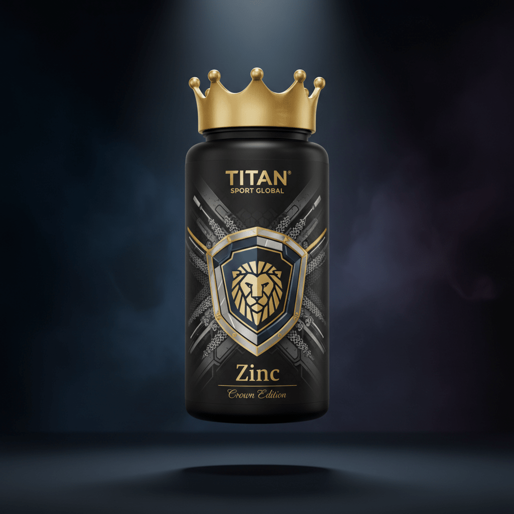 TITAN Zinc supplement bottle with Crown Edition matte black and gold packaging featuring geometric shield crest and armor plate artwork in silver and steel blue