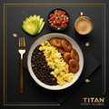 TITAN Cuban Black Bean Egg Power Breakfast flat lay dark luxury