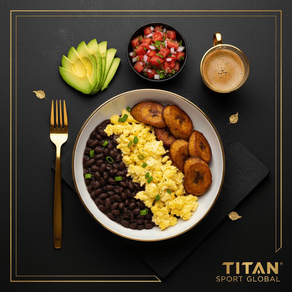 TITAN Cuban Black Bean Egg Power Breakfast flat lay dark luxury