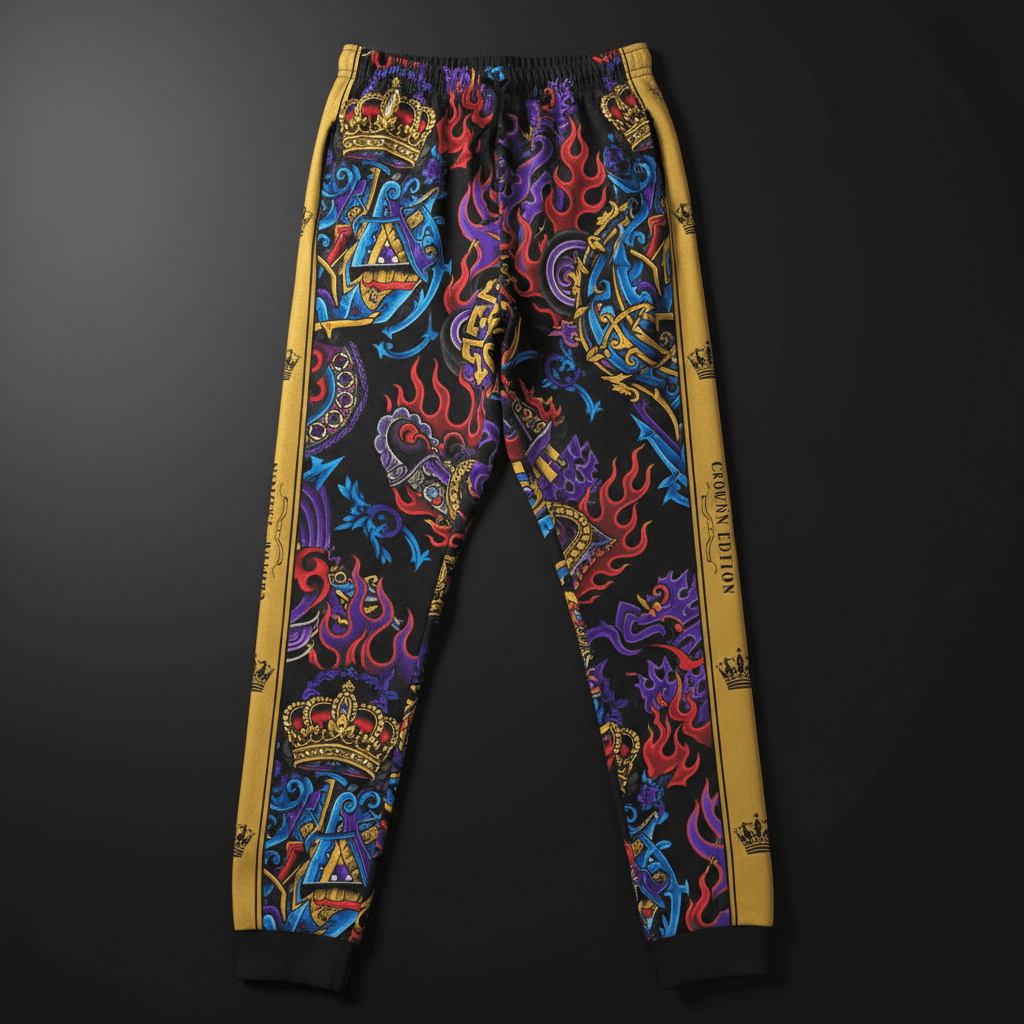TITAN Crown Edition Tattoo Art Men's Contrast Panel Lounge Joggers - bold colorful tattoo artwork on matte black fabric with gold panels