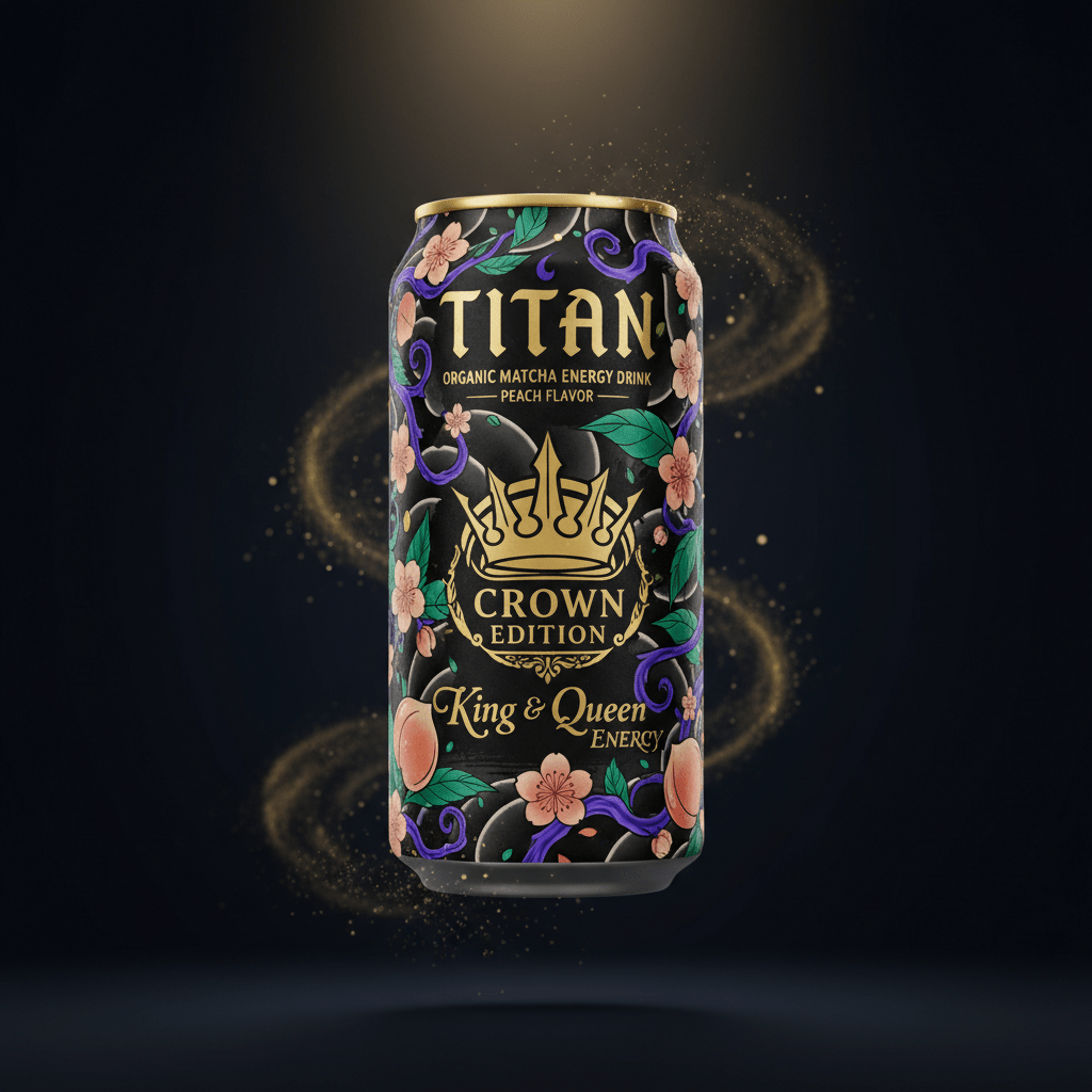 TITAN Organic Matcha Energy Drink — Peach, Crown Edition tattoo-style artwork
