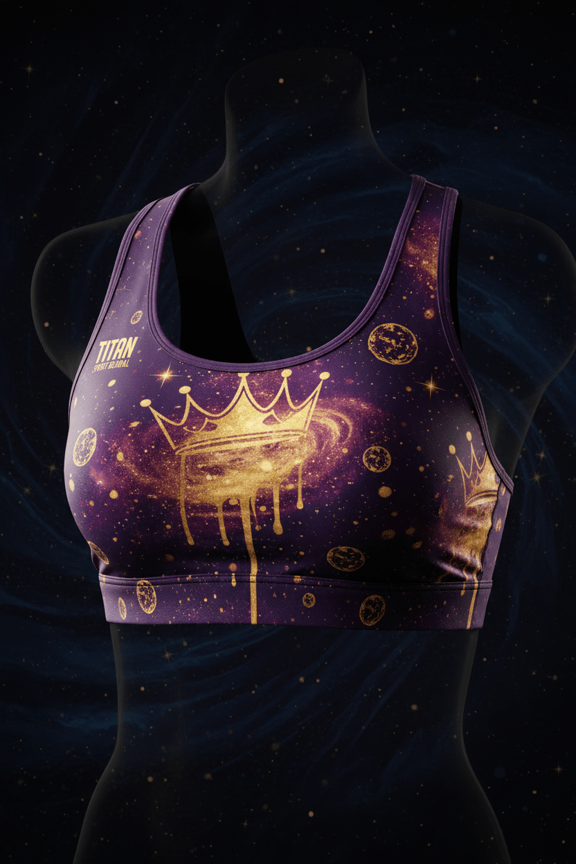 TITAN Women's Galaxy Drip Crown Sports Bra Celestial SWAG Edition flat lay