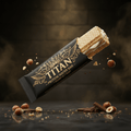 TITAN Protein Wafer Bar – Hazelnut Cream, matte black packaging with gold crown tattoo artwork, crispy wafer layers with hazelnut cream filling and whole hazelnuts