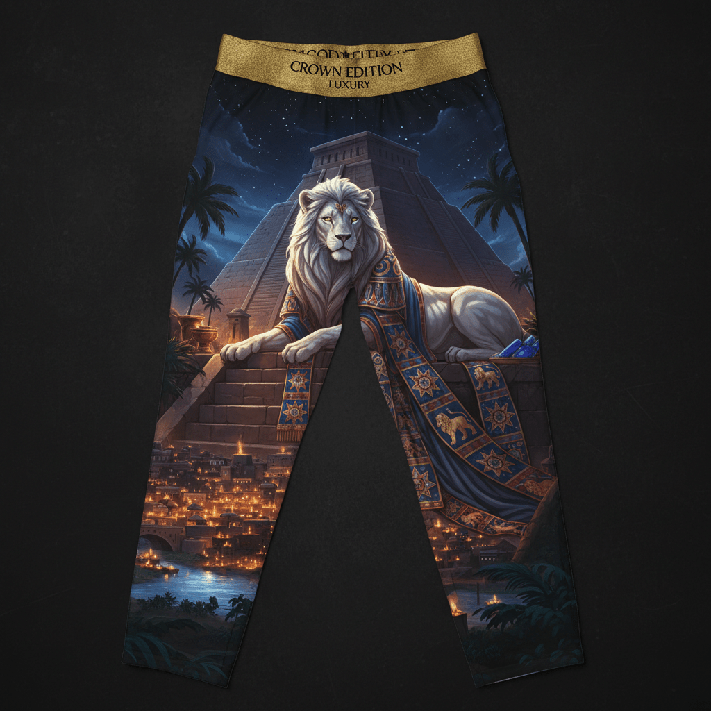 TITAN Inanna Lioness Sumerian Women's Lounge Pants Crown Edition — lioness in Inanna goddess robes anime art on matte black