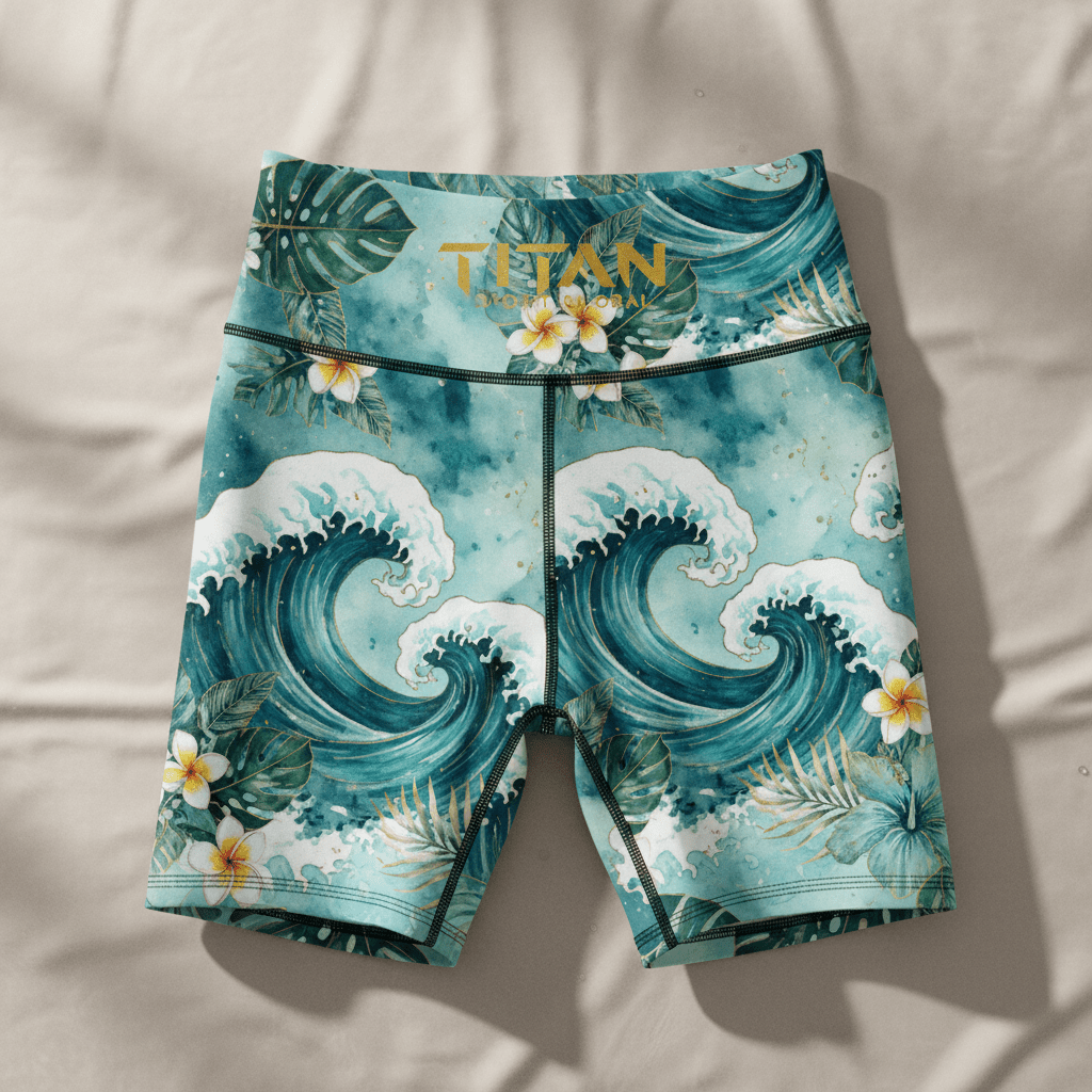 TITAN Women's Athletic Biker Shorts — Ocean Wave Watercolor Design