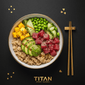 TITAN Hawaiian Ahi Tuna Poke Protein Bowl Breakfast flat lay dark luxury