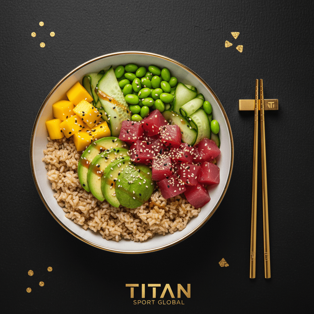 TITAN Hawaiian Ahi Tuna Poke Protein Bowl Breakfast flat lay dark luxury