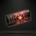 TITAN Urolithin A Pomegranate Extract black glass bottle with 24K gold accents and ruby red pomegranate seeds bursting with golden mitochondria cellular renewal artwork