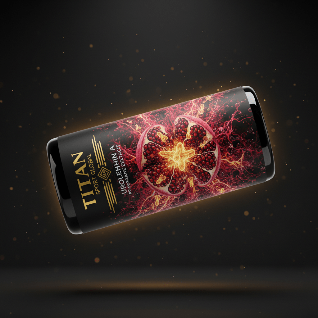 TITAN Urolithin A Pomegranate Extract black glass bottle with 24K gold accents and ruby red pomegranate seeds bursting with golden mitochondria cellular renewal artwork