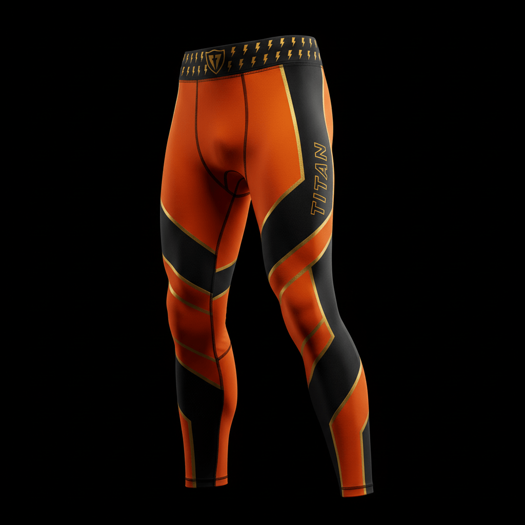TITAN compression leggings in bright orange with black and gold accents - summer collection 2026