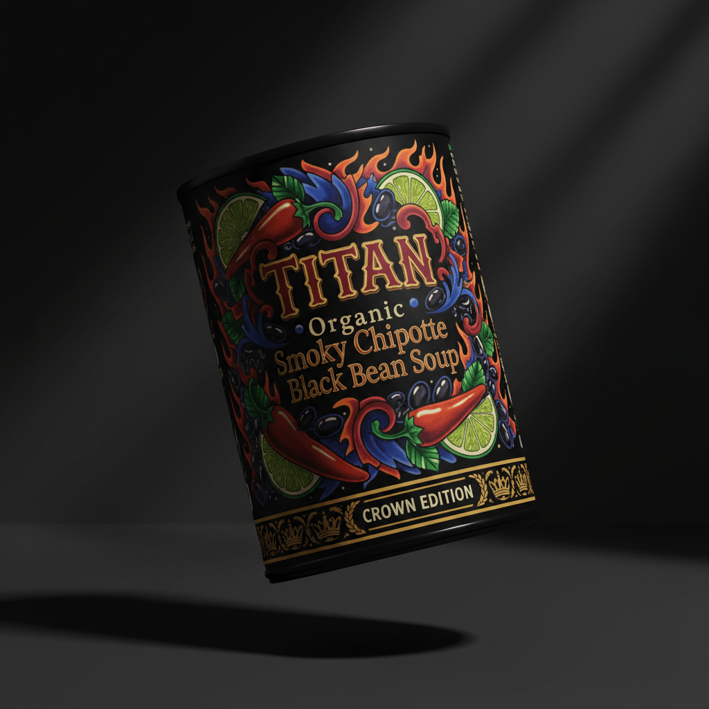 TITAN Organic High-Protein Black Bean Soup Smoky Chipotle — Crown Edition tattoo-style artwork