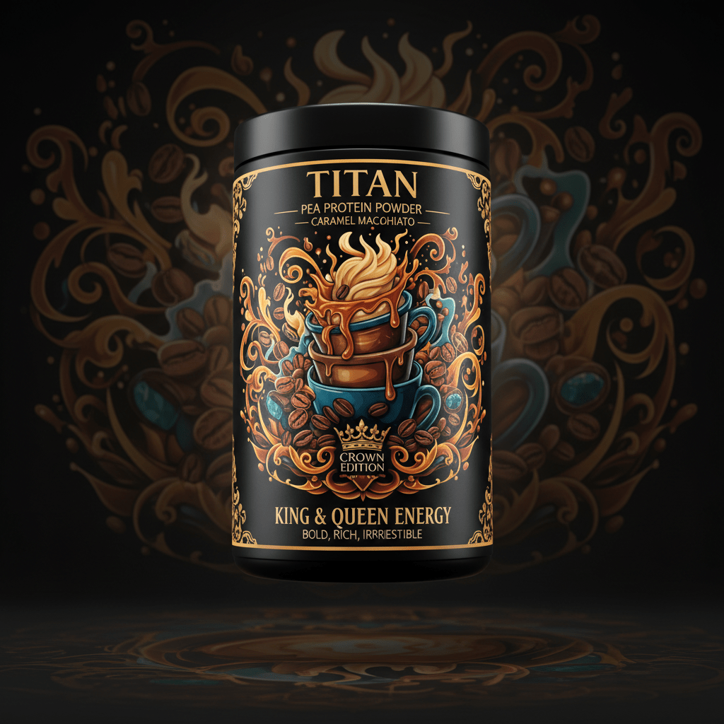 TITAN Pea Protein Powder — Caramel Macchiato, Crown Edition tattoo-style artwork