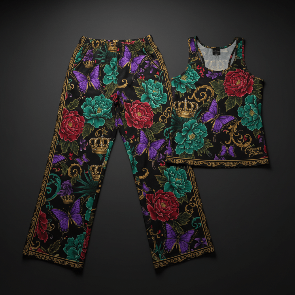 TITAN Crown Edition Tattoo Art Women's Lounge Matching Set - bold colorful tattoo artwork on matte black fabric