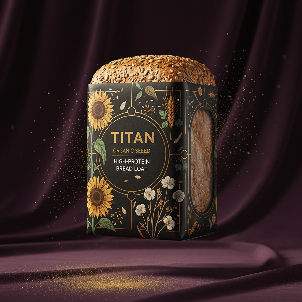 TITAN Organic High-Protein Bread Loaf Seeded — ultra-premium luxury editorial product shot
