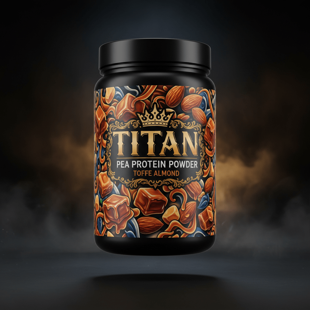 TITAN Pea Protein Powder — Toffee Almond, Crown Edition tattoo-style artwork