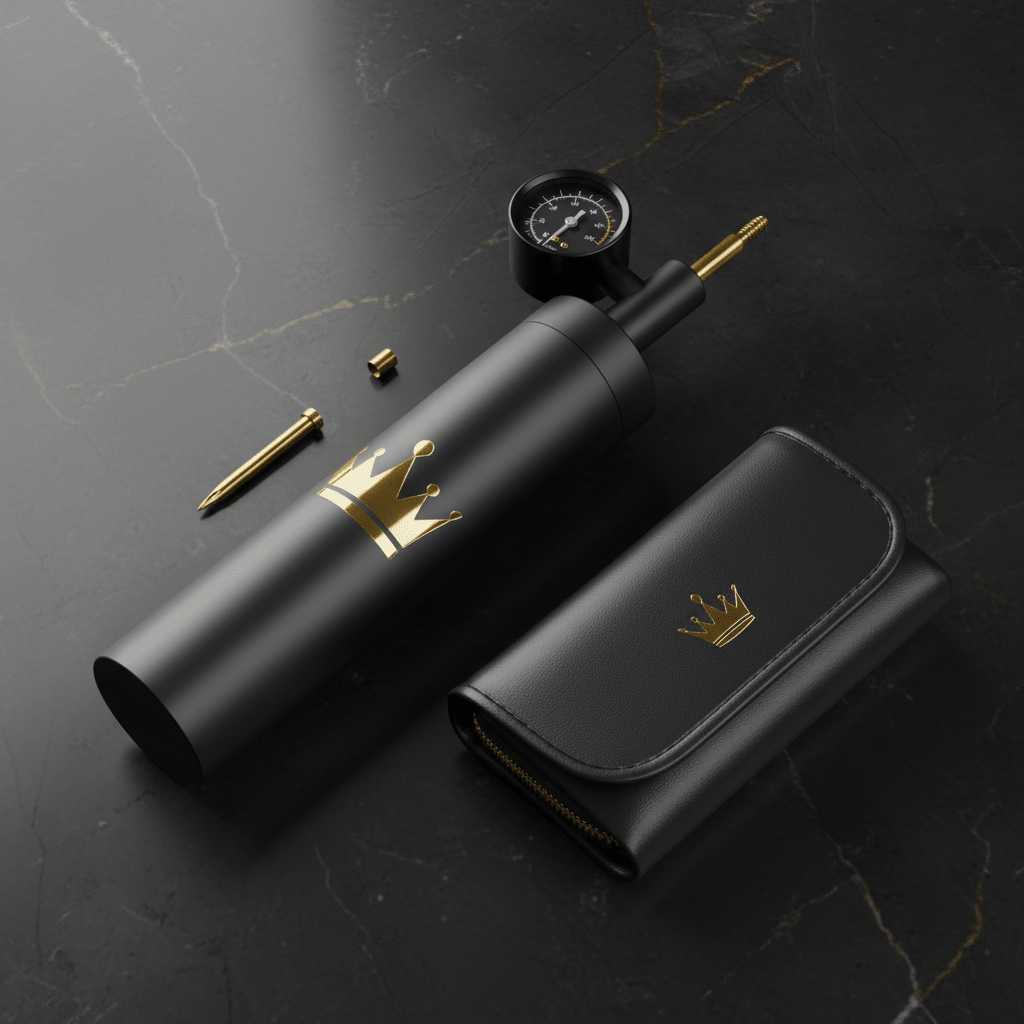 TITAN Volleyball Ball Pump Crown Edition matte black aluminum gold crown logo pressure gauge needle carry pouch flat lay