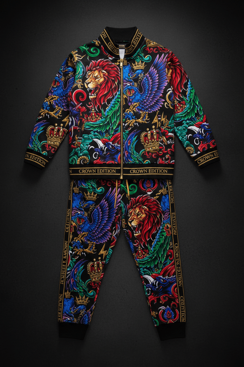 TITAN Kids Crown Edition Athletic Suit — bold tattoo-style two-piece set for children