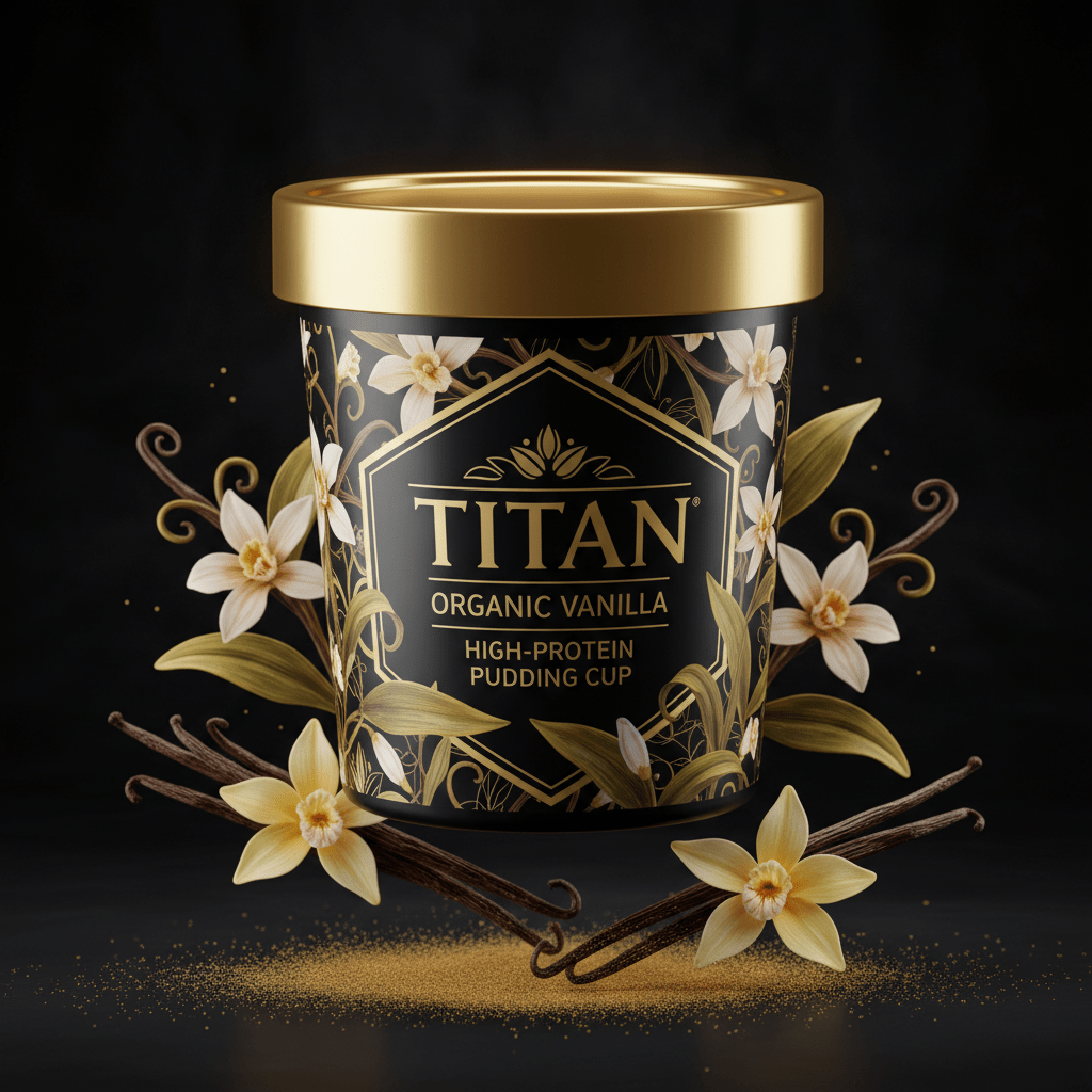 TITAN Organic High-Protein Pudding Cup Vanilla — ultra-premium luxury editorial product shot