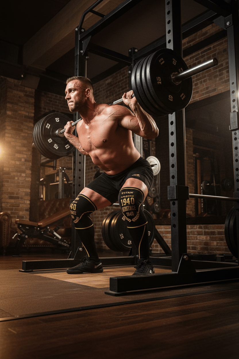 TITAN Knee Sleeves 1940 Heritage lifestyle shot, powerlifter squatting