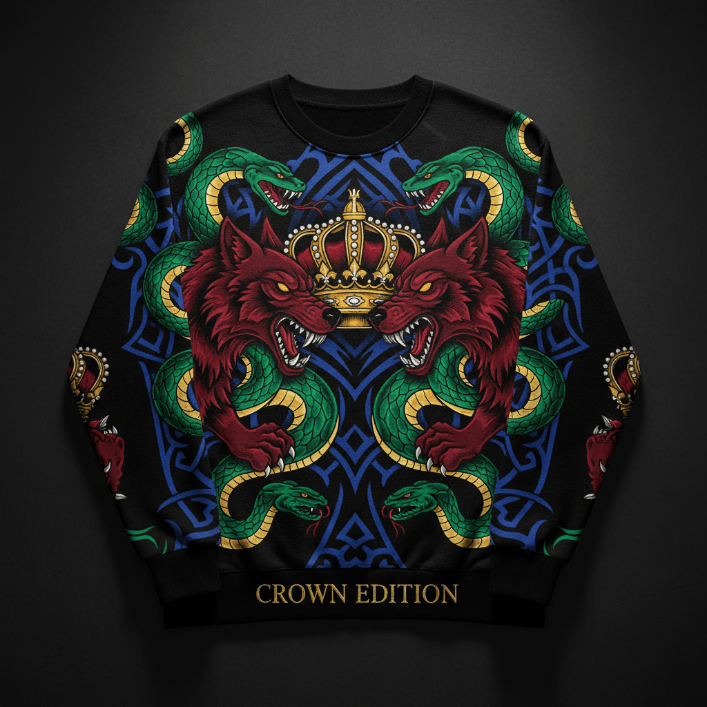 TITAN Crown Edition Tattoo Art Men's Lounge Crewneck - bold colorful tattoo artwork on matte black fabric