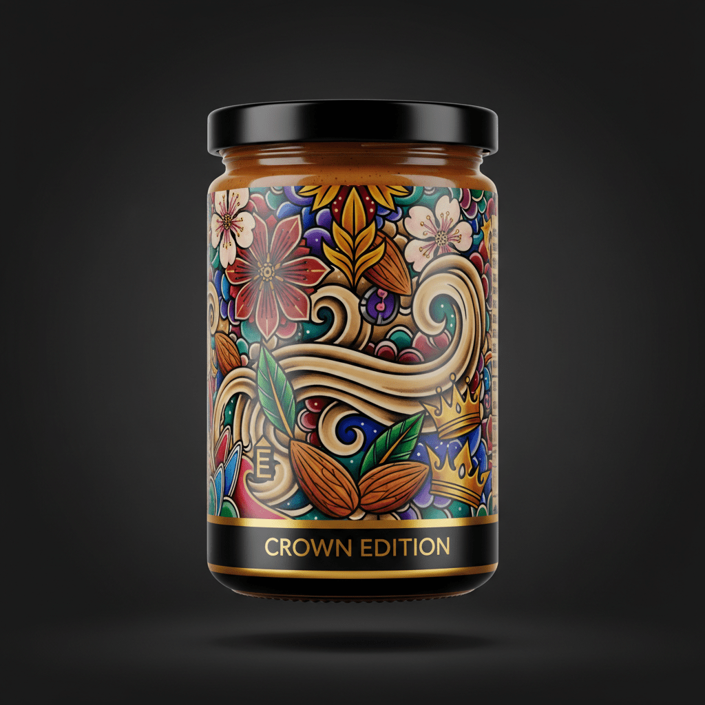 TITAN Almond Butter Classic Smooth — Crown Edition bold tattoo-style artwork