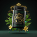 TITAN Moringa Protein Powder – Vanilla, matte black tub with gold crown tattoo artwork and moringa leaves
