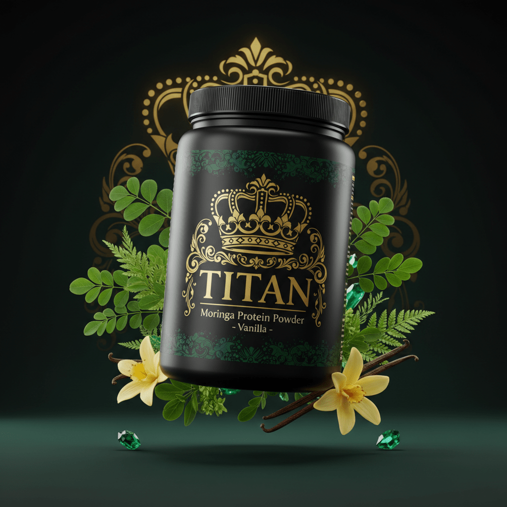 TITAN Moringa Protein Powder – Vanilla, matte black tub with gold crown tattoo artwork and moringa leaves