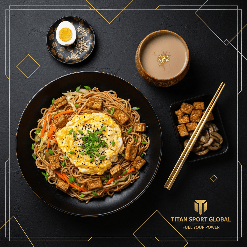 TITAN Mongolian Egg Noodle Power Breakfast flat lay dark luxury