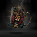 TITAN Coffee Mug 15oz with crown and lion tattoo-style Crown Edition artwork in crimson, blue and gold