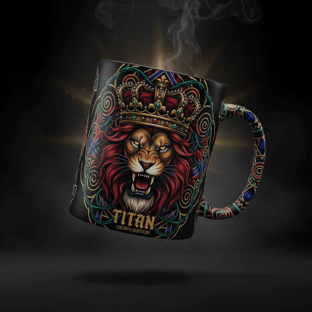 TITAN Coffee Mug 15oz with crown and lion tattoo-style Crown Edition artwork in crimson, blue and gold