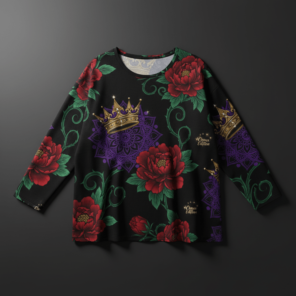 TITAN Crown Edition Tattoo Art Women's Lounge Long Sleeve - bold mandala peony tattoo artwork on matte black pima cotton