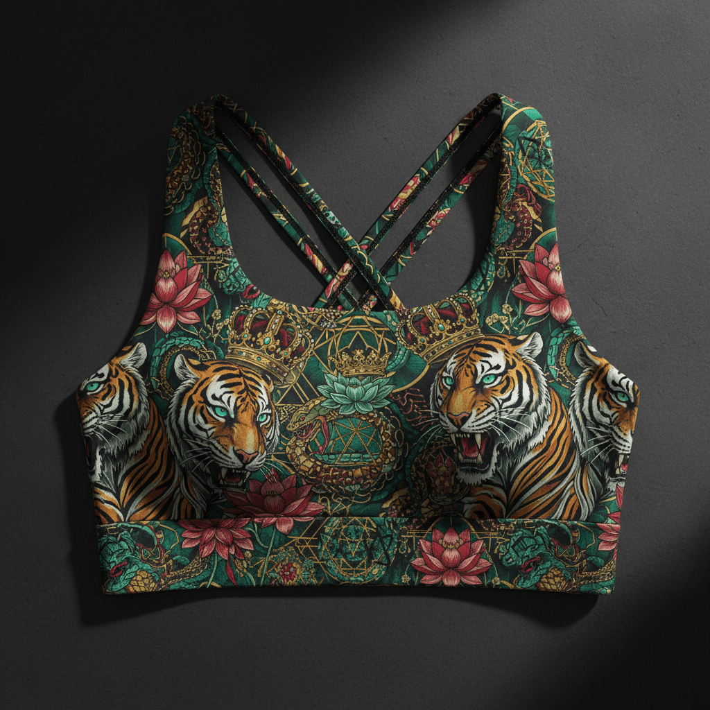 TITAN Crown Edition Tiger Lotus Sports Bra — Emerald & Gold tattoo artwork