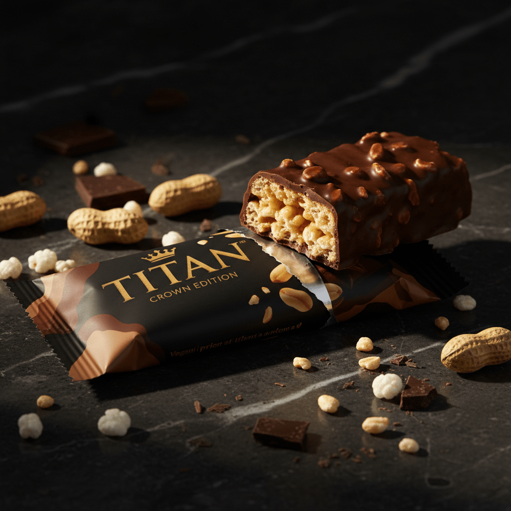 TITAN Crispy Protein Bar Chocolate Peanut Crown Edition — 22g protein crispy vegan product shot
