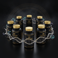 TITAN Longevity Bundle Ultimate — 8 Crown Edition supplement bottles in circular formation with glowing DNA helix and mitochondria patterns in violet, teal and gold