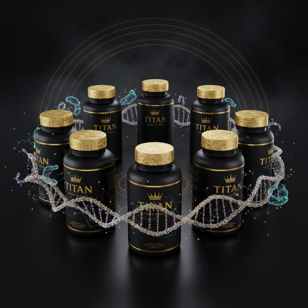 TITAN Longevity Bundle Ultimate — 8 Crown Edition supplement bottles in circular formation with glowing DNA helix and mitochondria patterns in violet, teal and gold