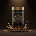 TITAN Protein Almond Butter – Espresso Crunch, matte black jar with gold crown tattoo artwork, espresso beans and roasted almonds