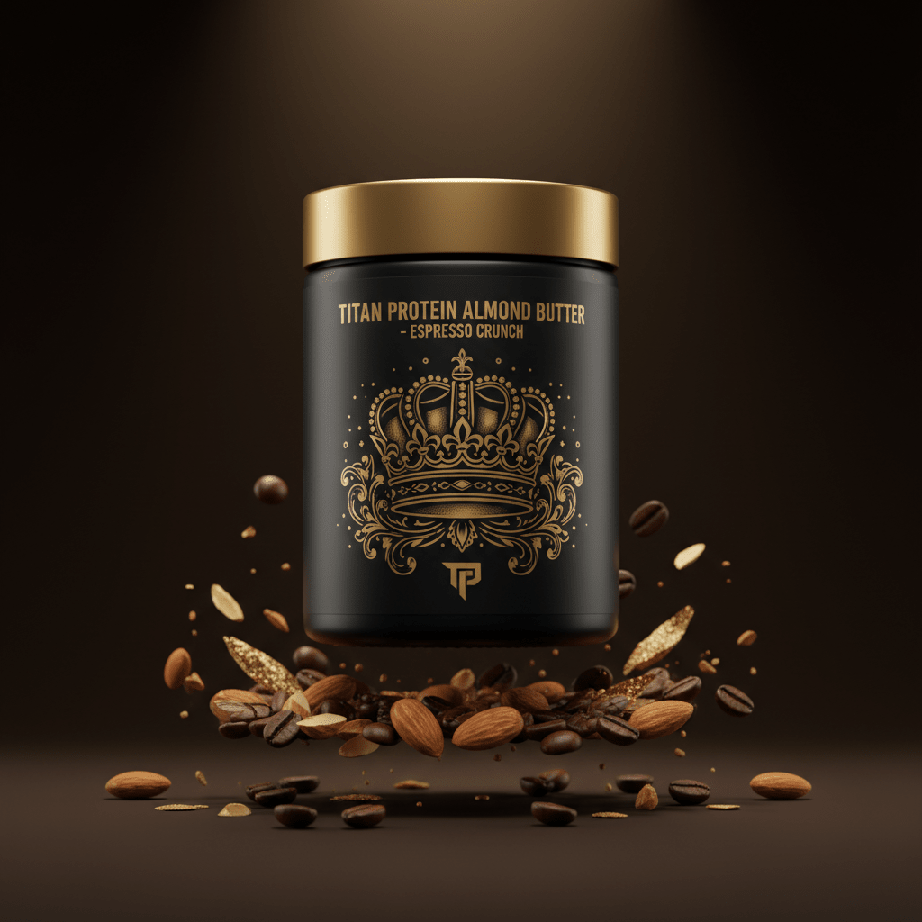 TITAN Protein Almond Butter – Espresso Crunch, matte black jar with gold crown tattoo artwork, espresso beans and roasted almonds