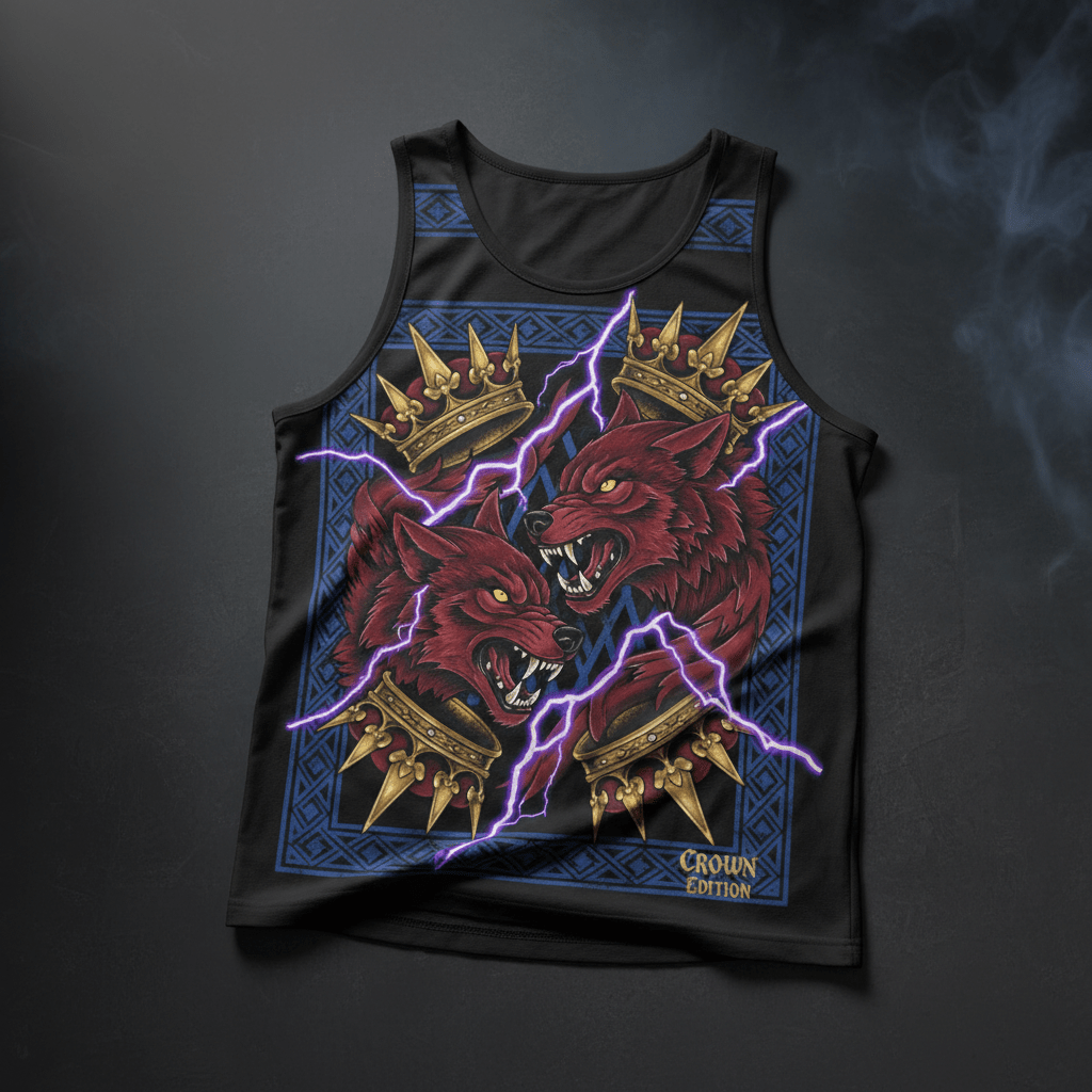 TITAN Crown Edition Tattoo Art Men's Lounge Tank Top - bold wolf tribe tattoo artwork on matte black pima cotton