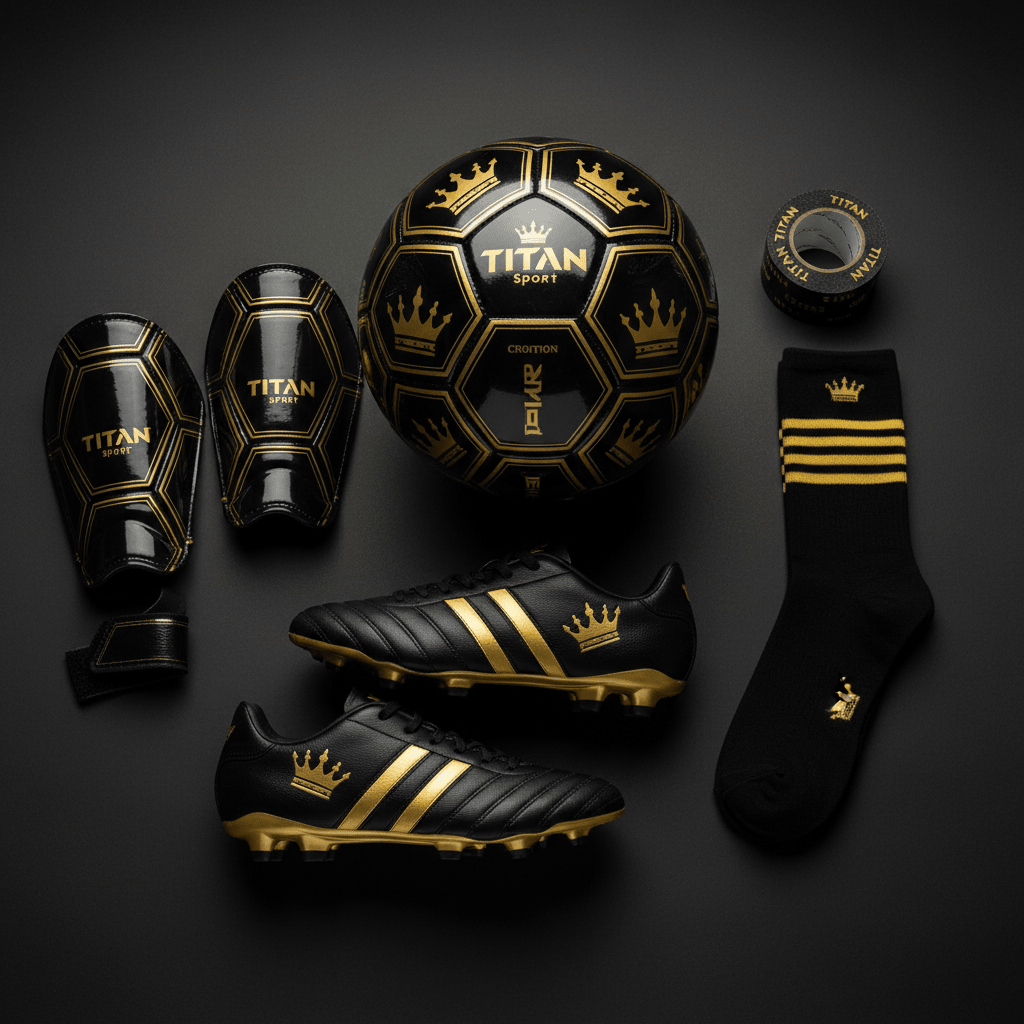 TITAN Soccer Starter Bundle — Soccer Ball, Shin Guards, Cleats, Socks & Athletic Tape flat lay