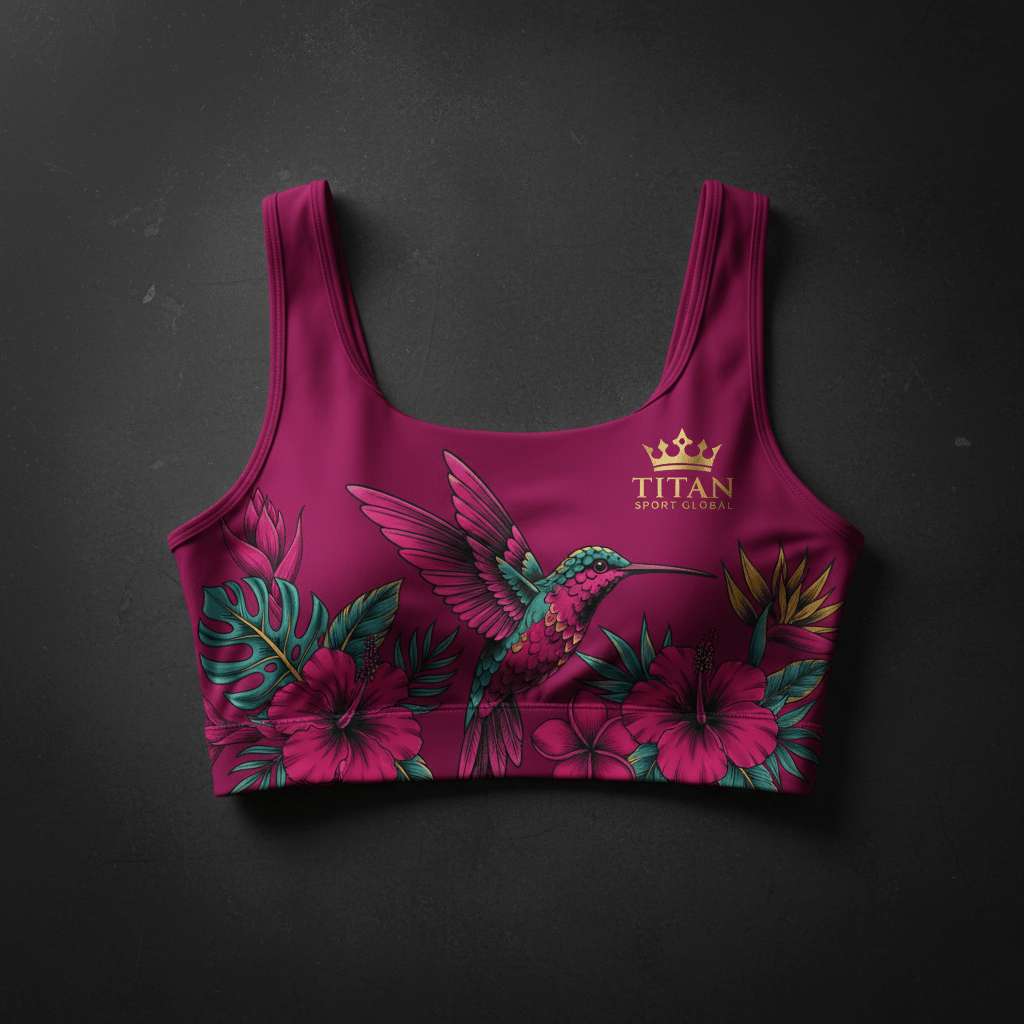 TITAN Women's Slimming Crop Top Sports Bra Magenta Hummingbird Crown Edition flat lay