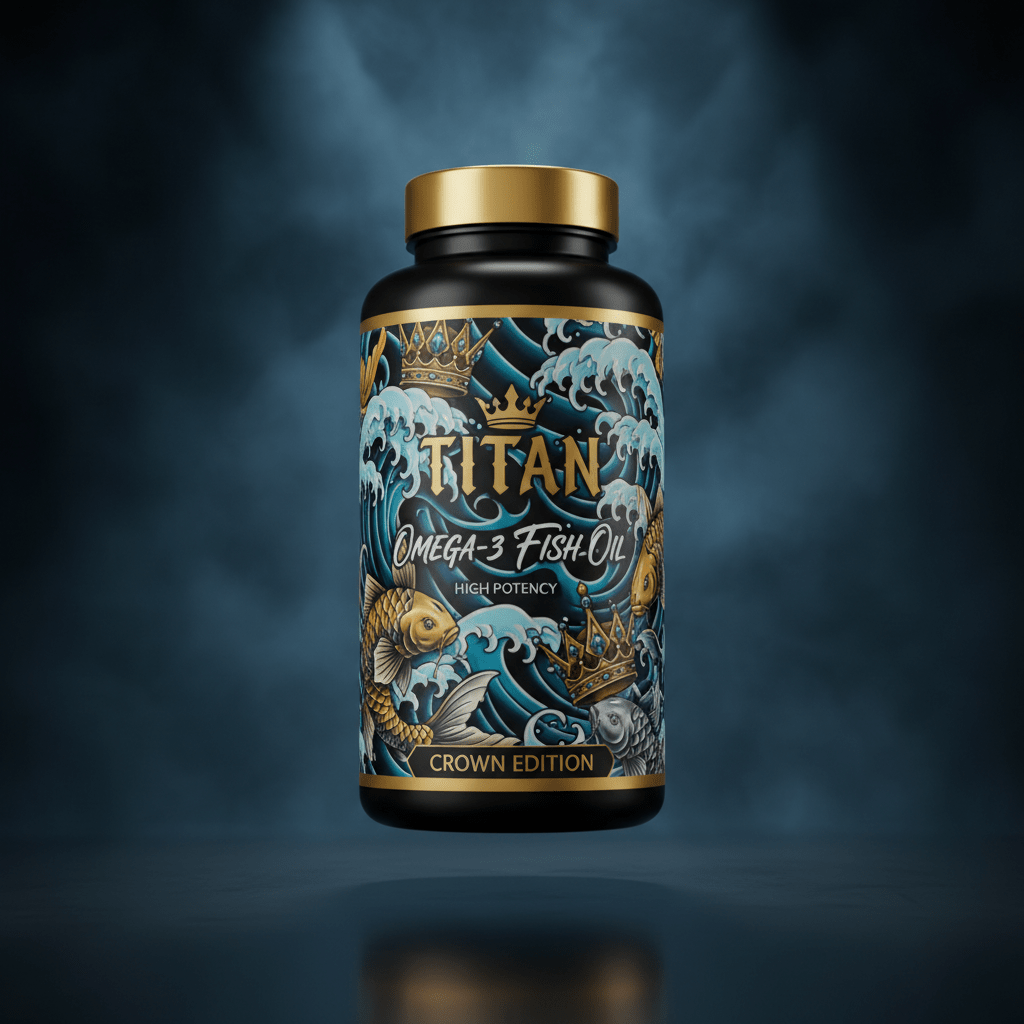 TITAN Omega-3 Fish Oil High Potency - Crown Edition tattoo-style artwork