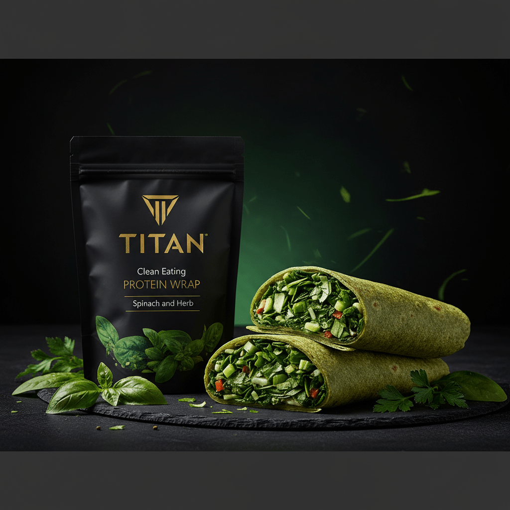 TITAN Clean Eating Protein Wrap Spinach & Herb — fresh wrap build shot with spinach herb filling and fresh herbs