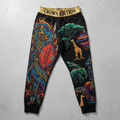 Black joggers with gold "CROWN EDITION" waistband, featuring colorful Maasai warrior, wildlife, and geometric art.